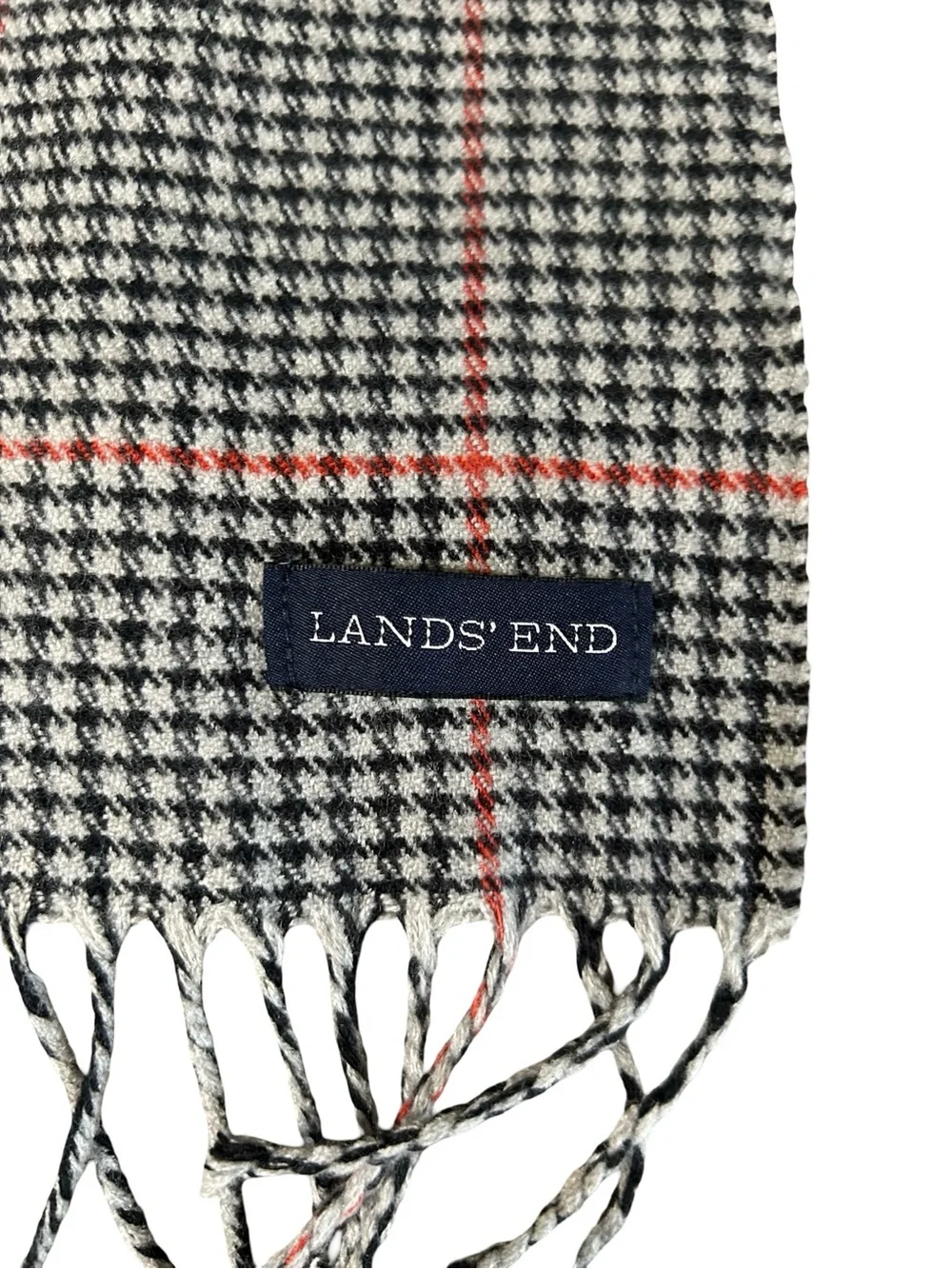 Lands' End Plaid Scarf Black White Red Houndstooth Fringe Winter Classic Cozy